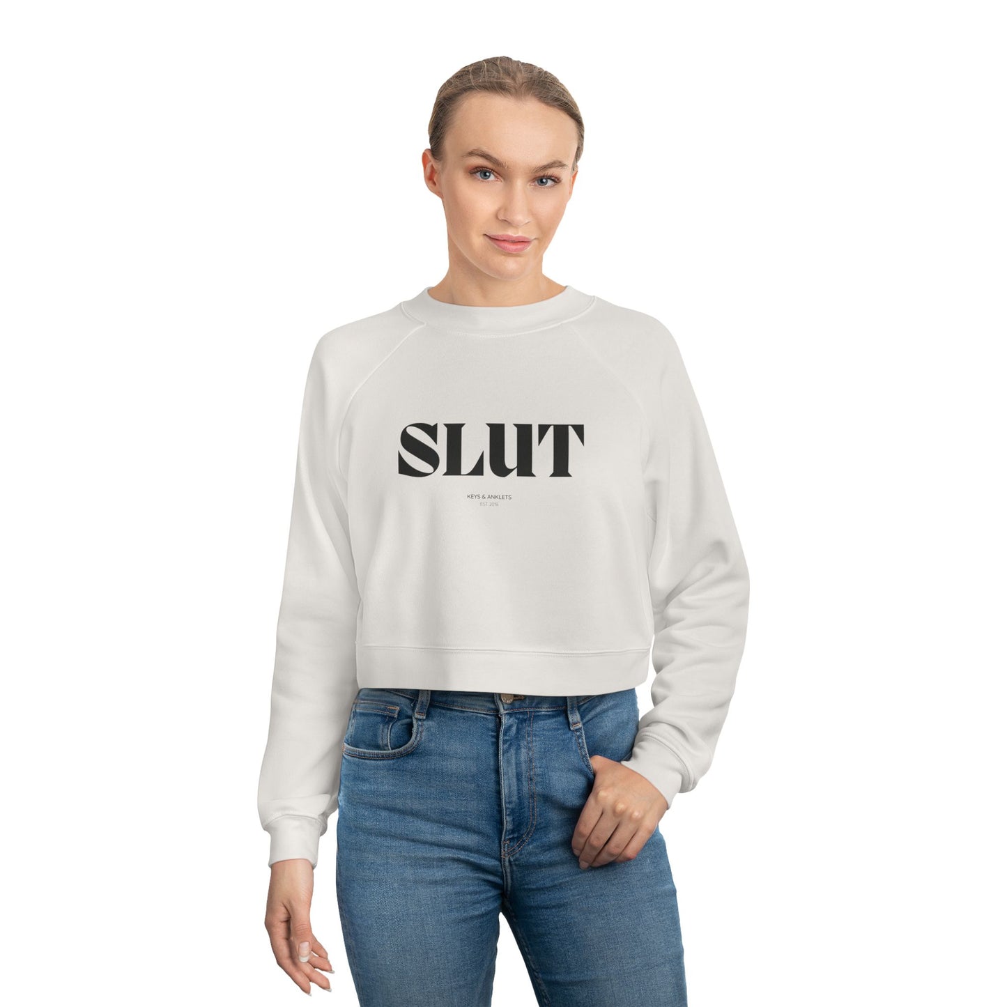 Trendy Women's Cropped Fleece Pullover with Bold 'SL*T' Design and Spade Graphic