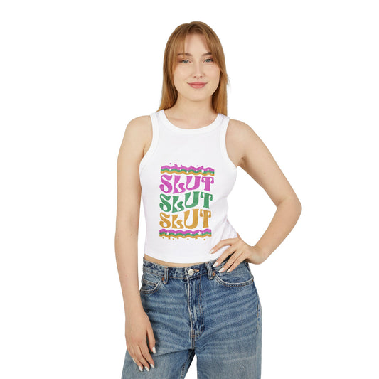 Playful Women's Micro Rib Racer Tank Top with Colorful 'SLUT' Design